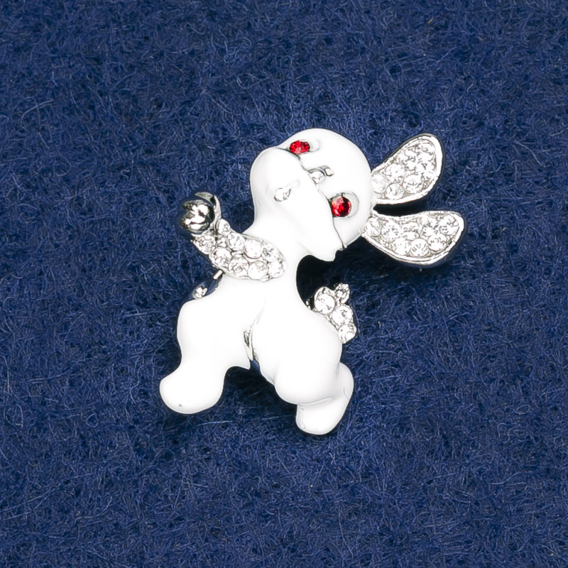 Brooch Rabbit white color acrylic with white and red rhinestones, silver metal 27x20mm