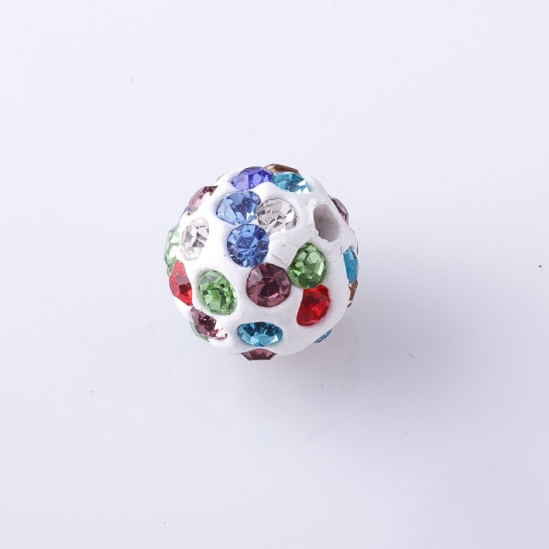 Shamballa Bead, 10mm diameter, White with Colored Rhinestones, pack of 9 pcs