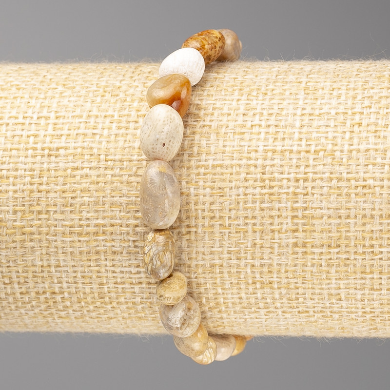 Bracelet with Fossilized Coral Beads, faceted, diameter 7x10mm± on elastic, length 18cm+