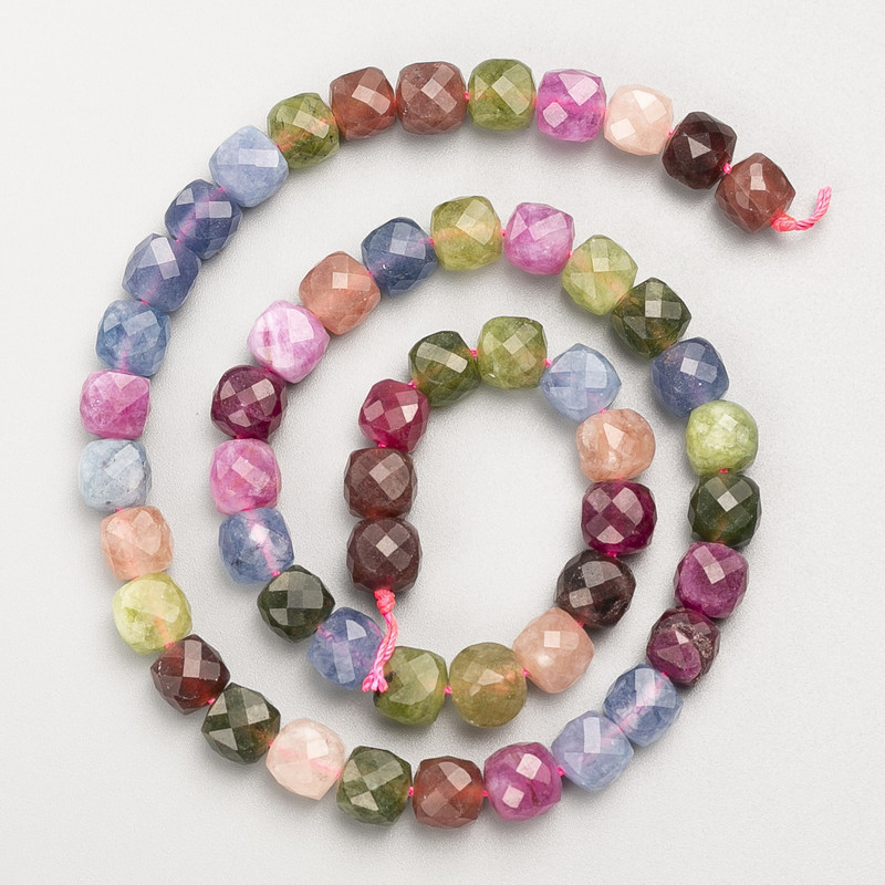 Natural Tourmaline Beads faceted cube-shaped stones on thread, diameter 7 mm±, length 38 cm±