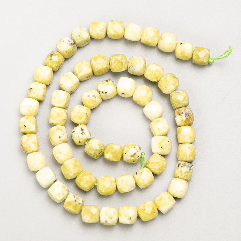 Beads Yellow Jadeite Natural Stone Faceted Cube on Thread, diameter 6.5 mm±, length 39 cm±