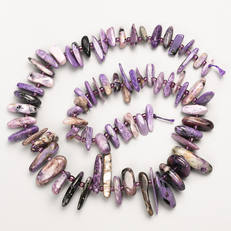 Charoite Beads Natural Stone Chip "Needle" on Thread, diameter 25x3-12x2mm±, length 41cm± with seed beads, diameter 3mm