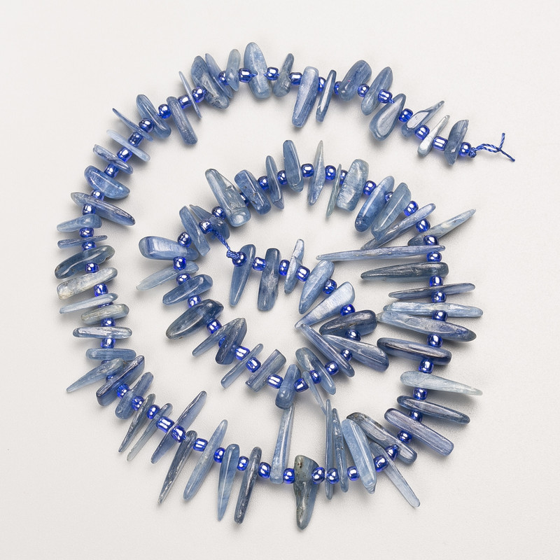 Kyanite Beads Natural Stone Chip "Needle" on Thread, diameter 28x2-10x2mm±, length 40cm± with seed beads, diameter 3mm