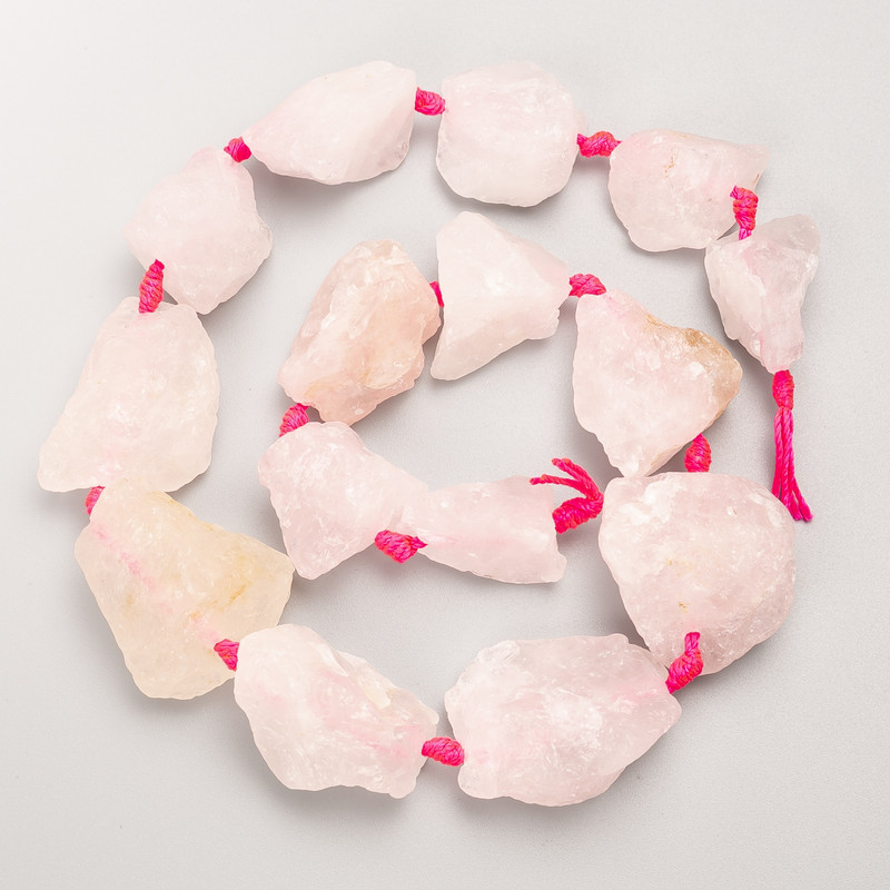 Rose Quartz Beads, Unpolished Natural Stone Nugget Beads on Thread d 22×26mm ±, length 43cm ±