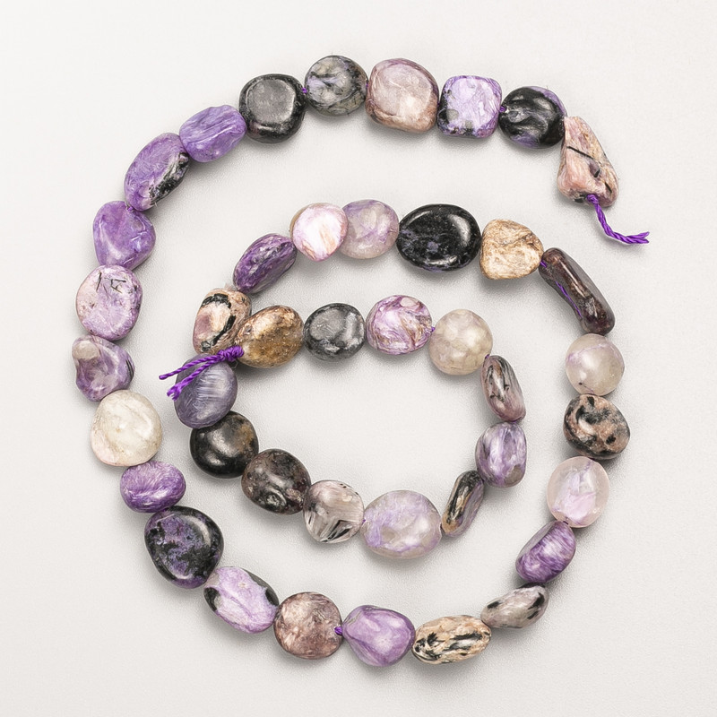 Charoite Beads natural stone tumbled on thread d 9×10mm±, length 39cm +