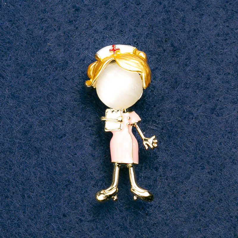 Brooch Doctor, cat's eye stone white color, pink enamel, gold metal 36x15mm