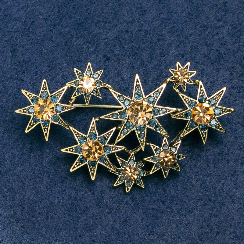 Brooch Stars, with blue and yellow rhinestones, gold-tone metal 55x35mm