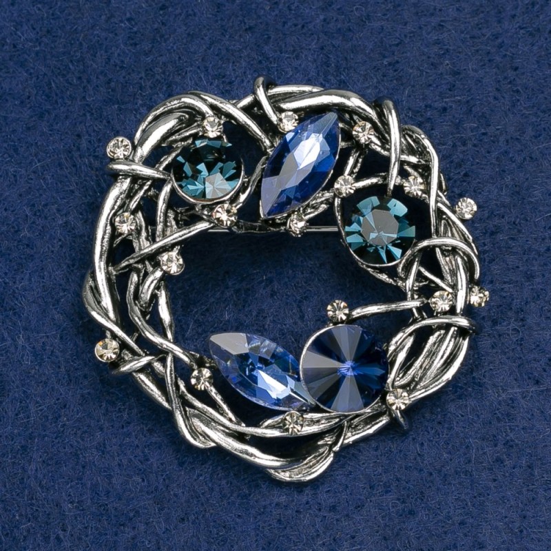 Brooch Accent with blue and green crystals, white rhinestones, dark-silver metal, 47x47mm