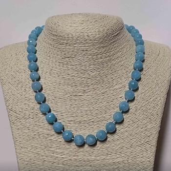 Aquamarine Beads Necklace of Natural Stone, Faceted Round Bead, 10mm Diameter, 49cm Length