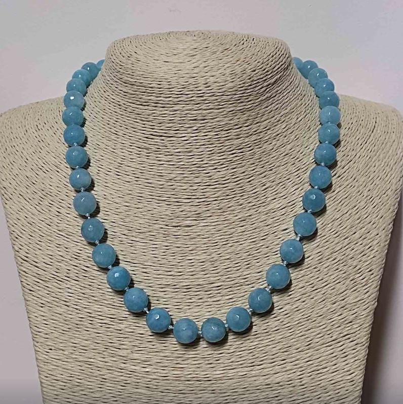 Aquamarine Beads Necklace of Natural Stone, Faceted Round Bead, 10mm Diameter, 49cm Length