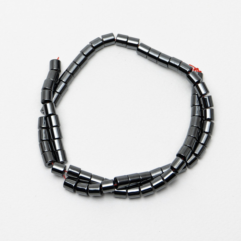Hematite Cylindrical Beads, 6x6 mm diameter, thread length 40 cm +/- on beading thread