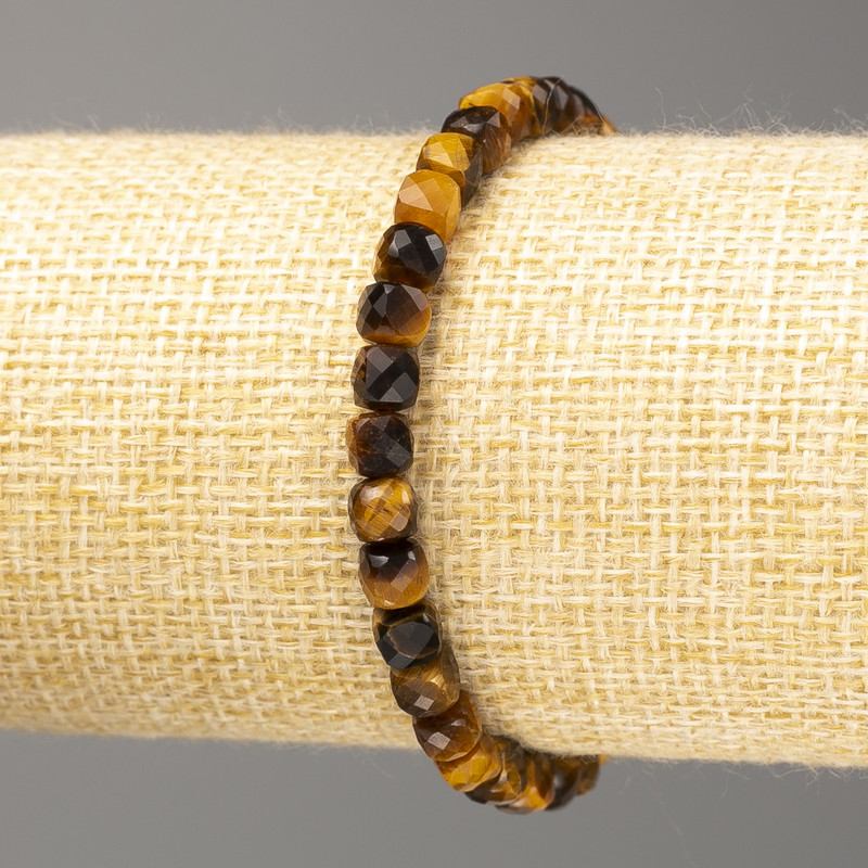 Tiger's Eye Bracelet, natural stone, faceted cube 5x5 mm, length 18 cm (stretch)