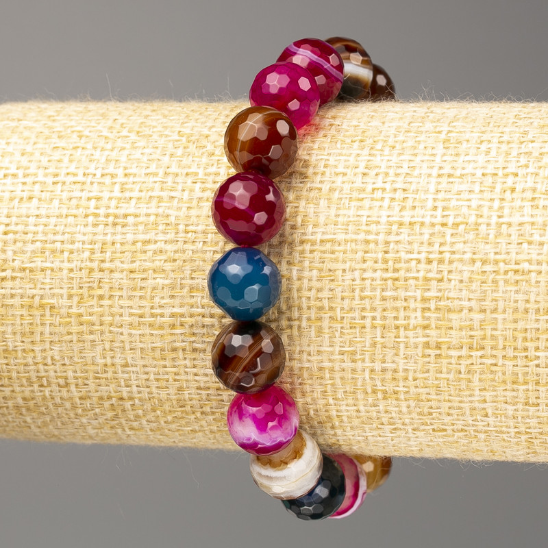 Agate Colorful Bracelet of Natural Stone, faceted bead, 10 mm diameter (+-), length 18cm (stretch)