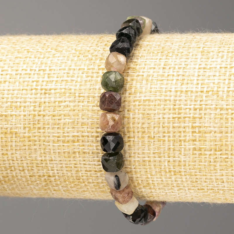 Tourmaline Bracelet, natural gemstone, faceted cube 6x6 mm, length 18 cm (stretch)