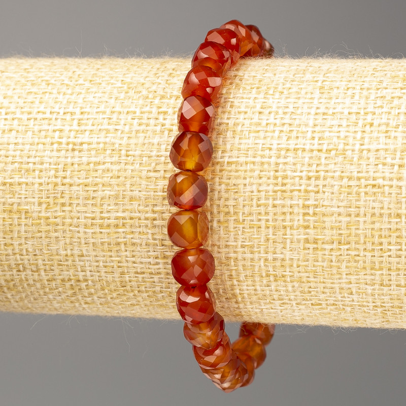 Carnelian Bracelet, natural stone, faceted cube, 7 mm diameter, stretchy, length 18 cm