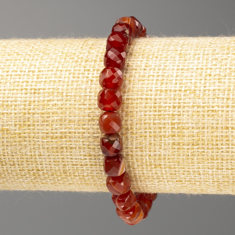 Carnelian Beaded Natural Stone Bracelet with Faceted Cubes, 7 mm ±, length 18 cm (stretch)