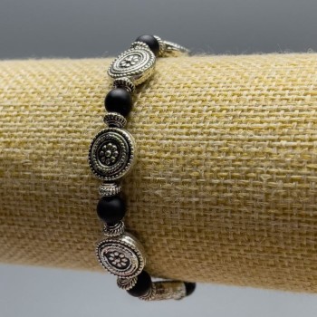 Matte Shungite Bracelet (single) Smooth Bead, 6mm ± diameter, 18cm length (stretch) with Silver Inserts, 11x4mm diameter