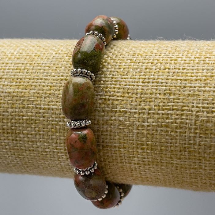 Jasper Heliodor Bracelet with Natural Stone, 10x14 mm +/- beads, length 18 cm (stretch), barrel, with silver inserts