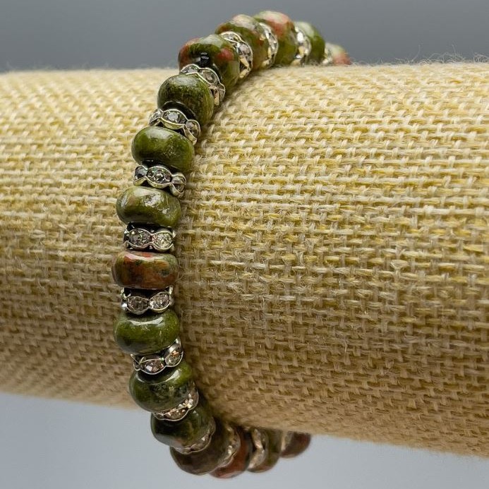 Jasper Heliodor Bracelet with White Crystals, Smooth Rondels, 8x5 mm, Stretch, 18 cm