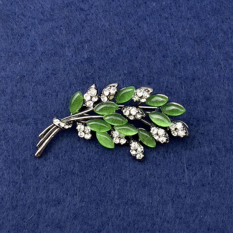 Brooch Branch of Green Cat's Eye, White Crystals, Silver Metal, diameter 50x27mm+