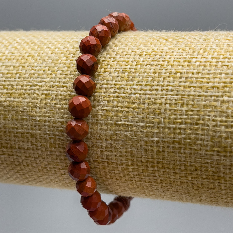 Bracelet Red Jasper Natural Stone Bead, Faceted Ball, 6mm diameter, length 18cm (stretch)