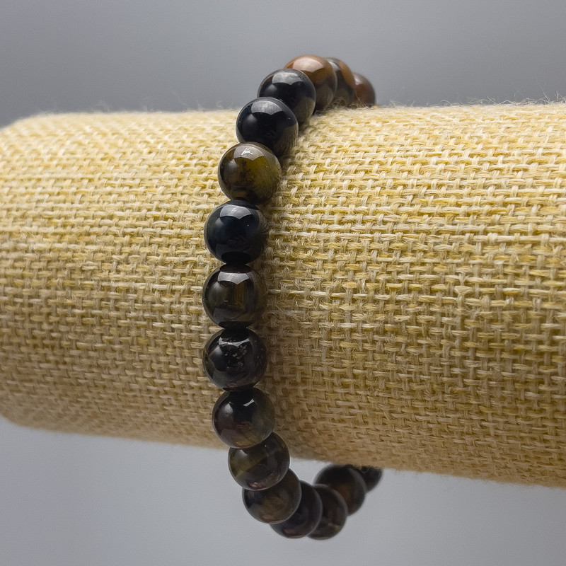 Bracelet Tiger’s Eye and Hawk’s Eye natural stones smooth beads, diameter 8mm±, length 18cm (stretch)