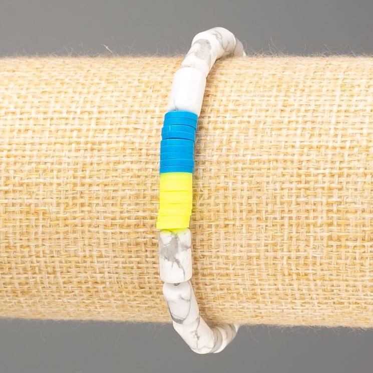 Bracelet "Ukraine" Howlite Natural Stone Cylinder, diameter 10x6mm± and Polymer Clay, length 18cm (stretch)