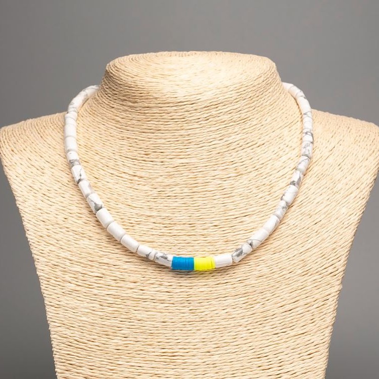 Necklace Ukraine Turquoise Howlite Cylindrical Beads with Polymer Clay, length 46 cm (stretch)