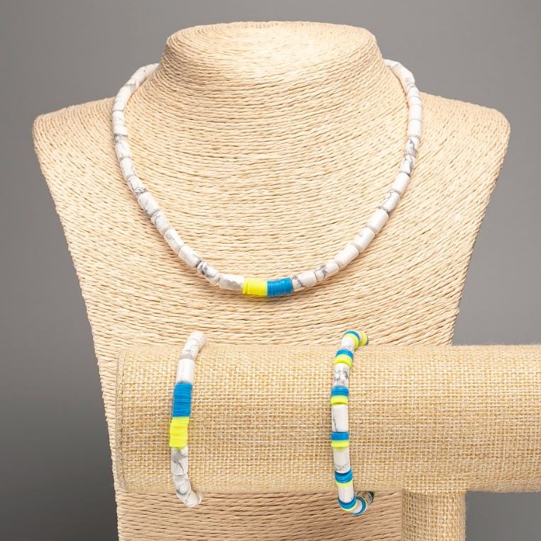 Set "Ukraine" Chalcedony natural stone cylinder, diameter 10x6mm± + Polymer clay, length 46cm±, and length 18cm (stretch)
