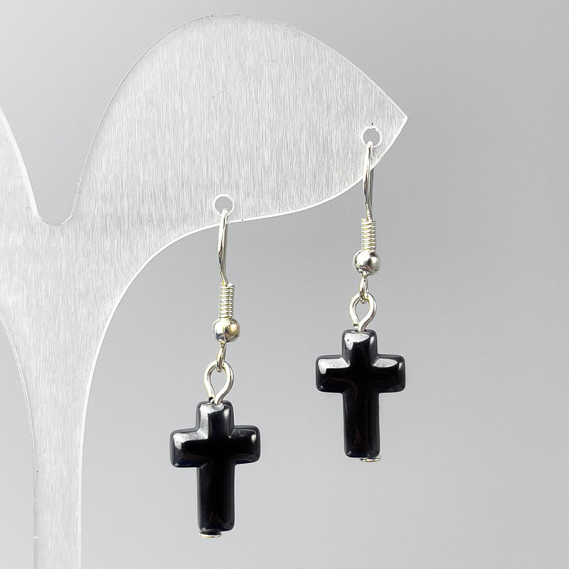 Hematite Cross Earrings, 10×15 mm diameter, length 35 mm