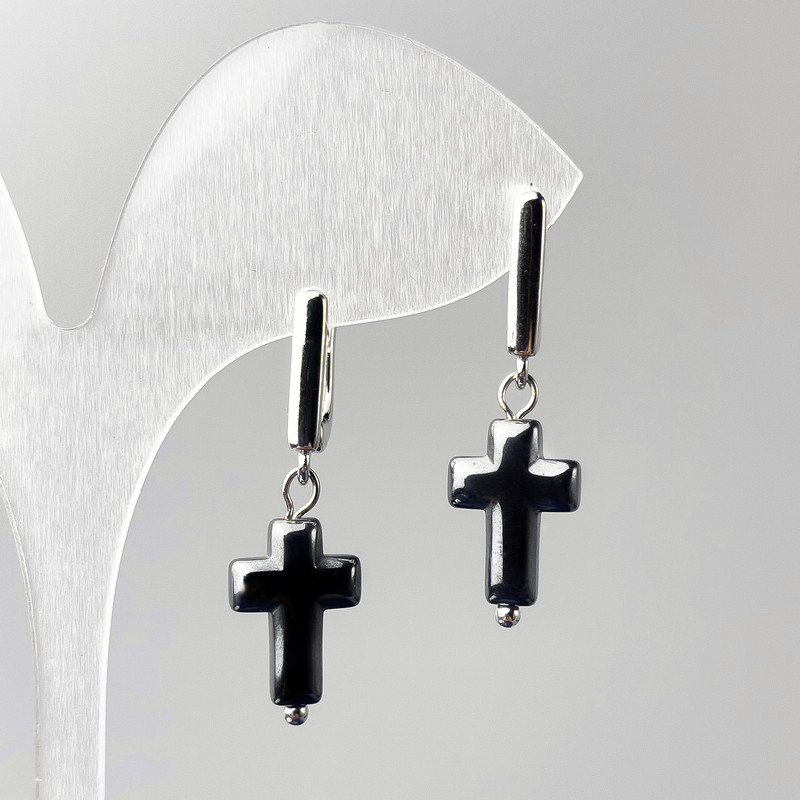 Hematite Cross Earrings, 10x16mm diameter, approx. 33mm length