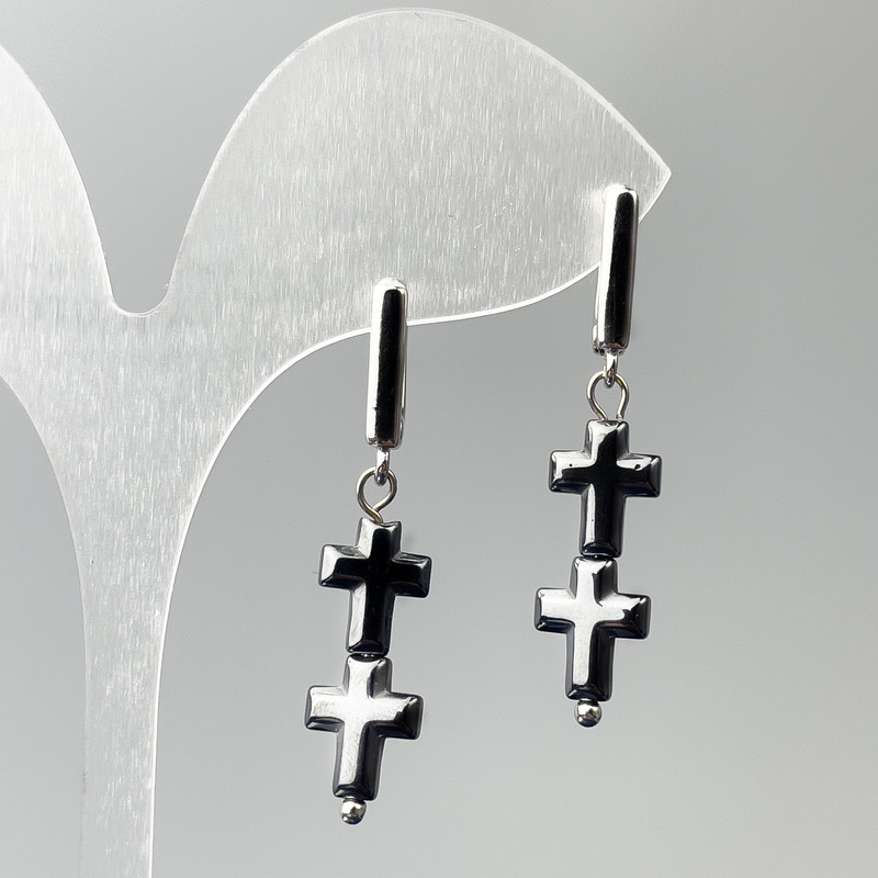 Hematite Cross Earrings, diameter 8.5×23 mm ±, length 40 mm