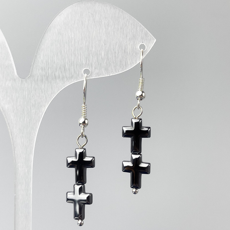 Hematite Cross Earrings, 8 mm diameter, 5x23 mm +-, length 44 mm