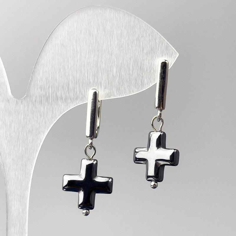 Hematite Cross Earrings, diameter 12mm ±, length 32mm