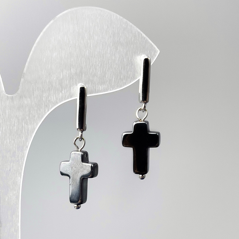 Hematite Cross Earrings, diameter 10x16mm, length 33mm
