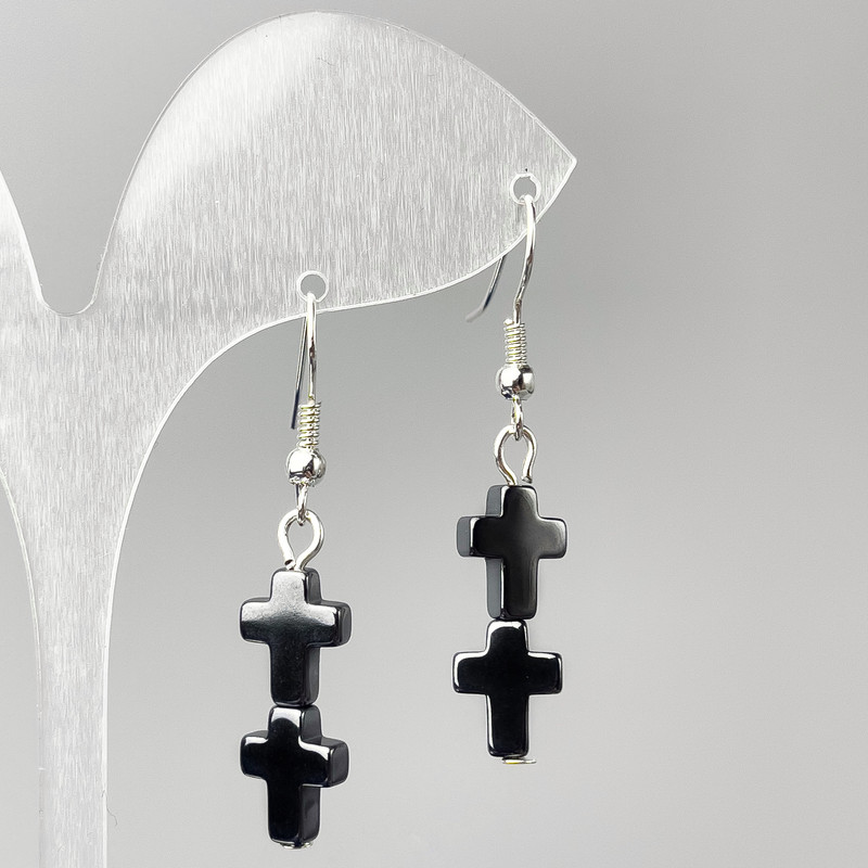 Earrings Hematite Cross, diameter 8.5×22mm±, length 44mm