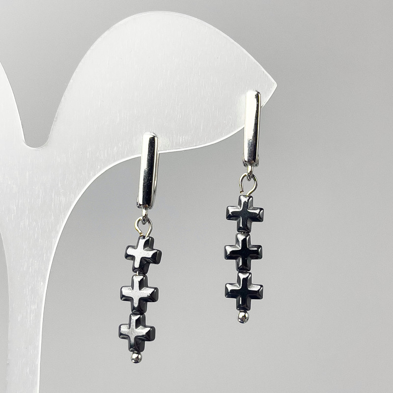 Hematite Cross Earrings, 6×20mm dia. ±, total length ~40mm