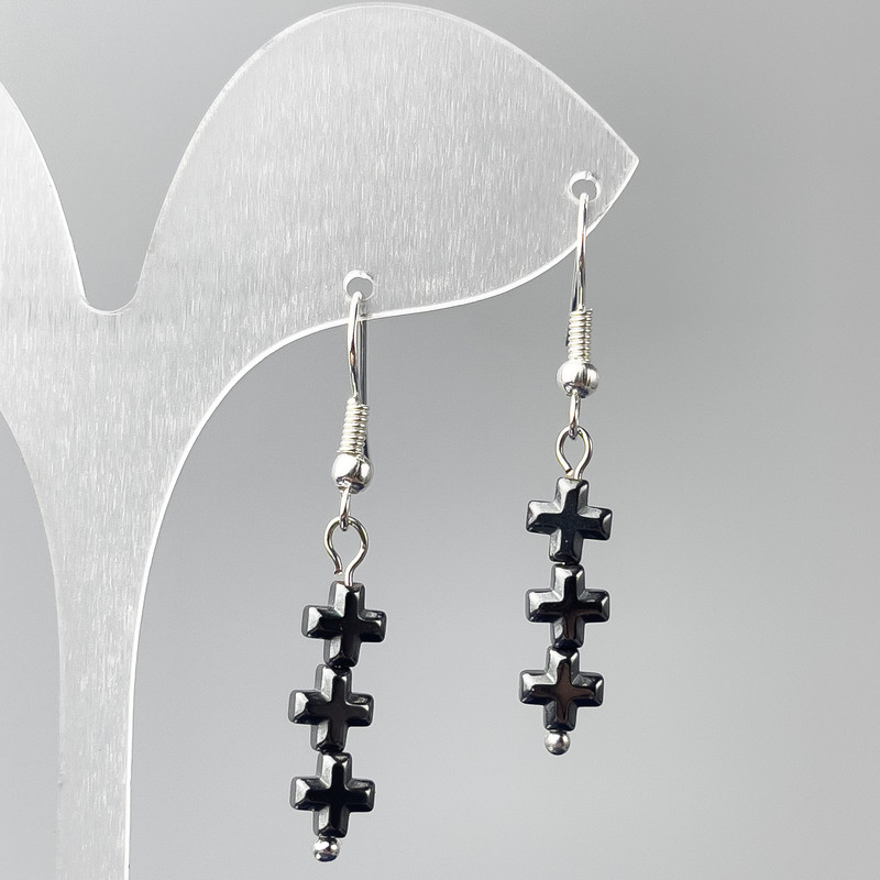 Hematite Cross Earrings, diameter 6x20mm +-, length 41mm