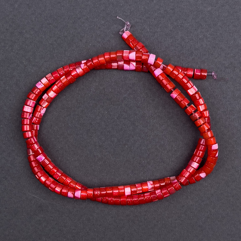 Colored Mother-of-P Pearl Beads Red Washer, 4x2mm diameter, 40cm length on beading thread