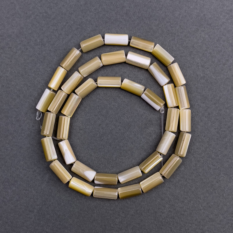 Beige Mother-of-P pearl cylindrical beads, 5x10mm diameter, 40cm length on fishing thread