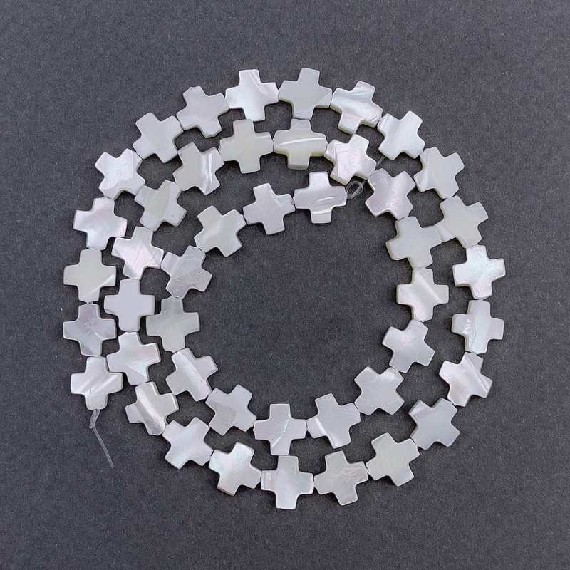 Mother-of-P Pearl Cross Beads, 8x8x3 mm +-, 39 cm long on thread