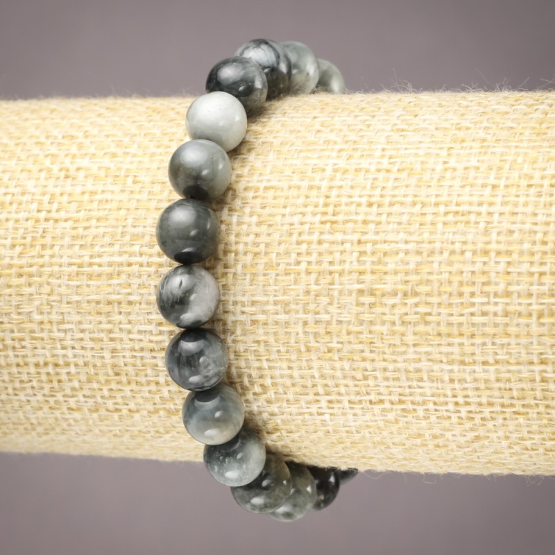Elastic bracelet with natural stone Hawk's Eye smooth beads, diameter 8(±)mm