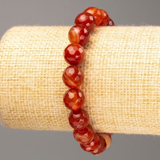 Carnelian Natural Stone Bead Bracelet, Faceted Round Beads, 10mm diameter, Stretch, 18cm length