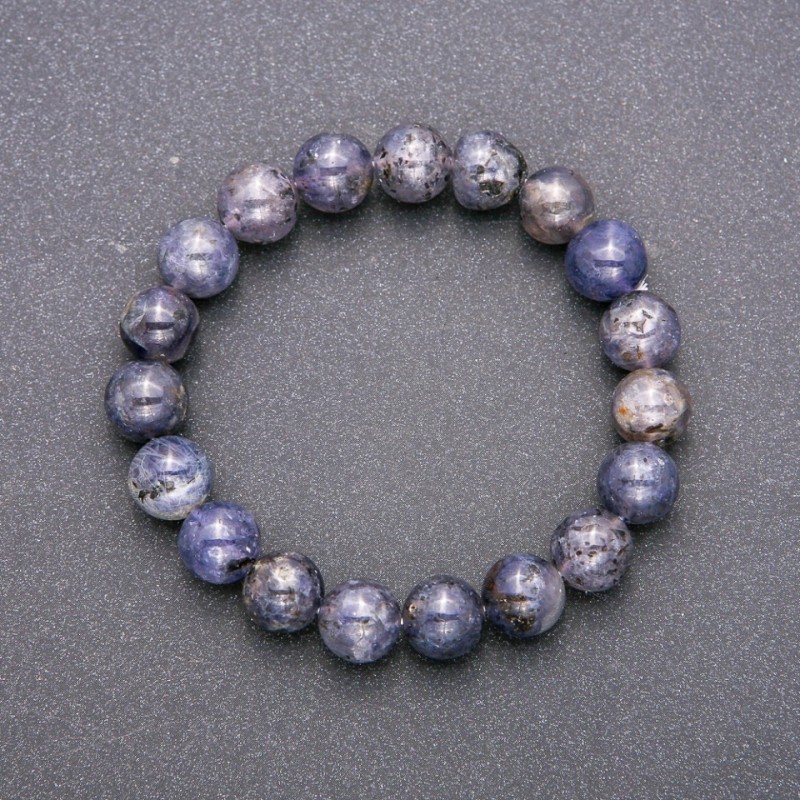 Bracelet with natural iolite on elastic cord, smooth beads, diameter 10(±)mm, circumference 18cm