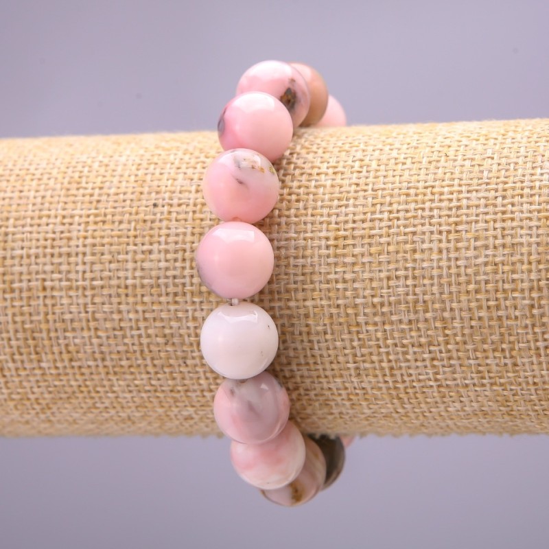 Bracelet with Natural Stone Pink Opal Smooth Bead, diameter 10(±)mm on elastic band, wrist circumference 18cm