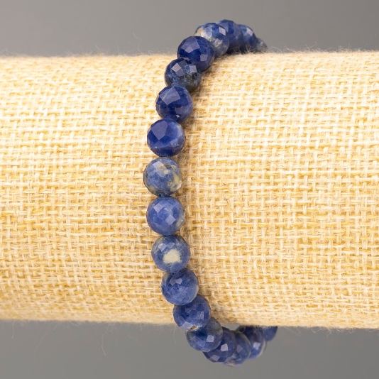 Sodalite Bracelet with Natural Stone, Faceted Round Beads 7mm dia., 18cm Length (Stretch)