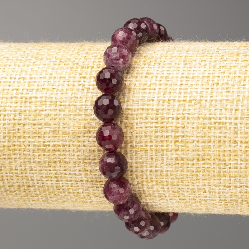 Bracelet Rubellite Tourmaline natural stone faceted bead, diameter 8mm±, length 18cm (stretch)