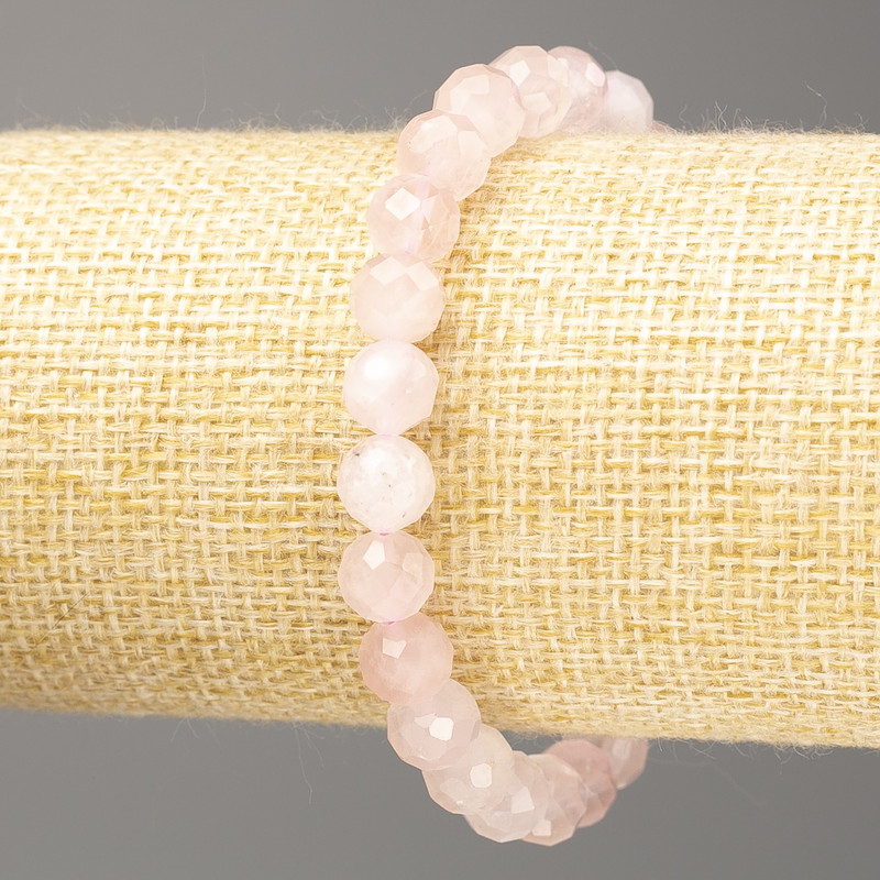 Pink Quartz Natural Stone Bead Bracelet, Faceted Round Beads 8mm ±, Length 7.1in (Stretch)