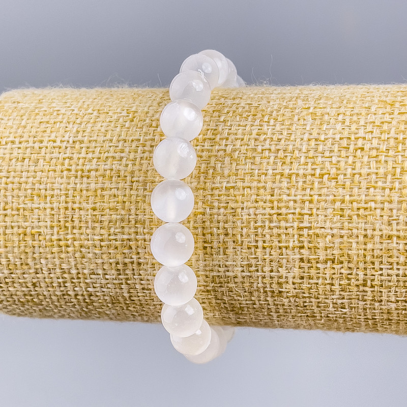 Bracelet with Natural Selenite, smooth round beads 8 mm diameter, stretchy 18 cm