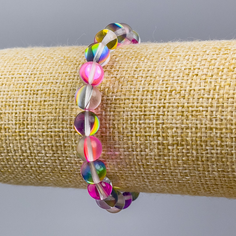 Opal Glass Bracelet, assorted colors, smooth round beads 8mm ±, length 18cm (stretch)